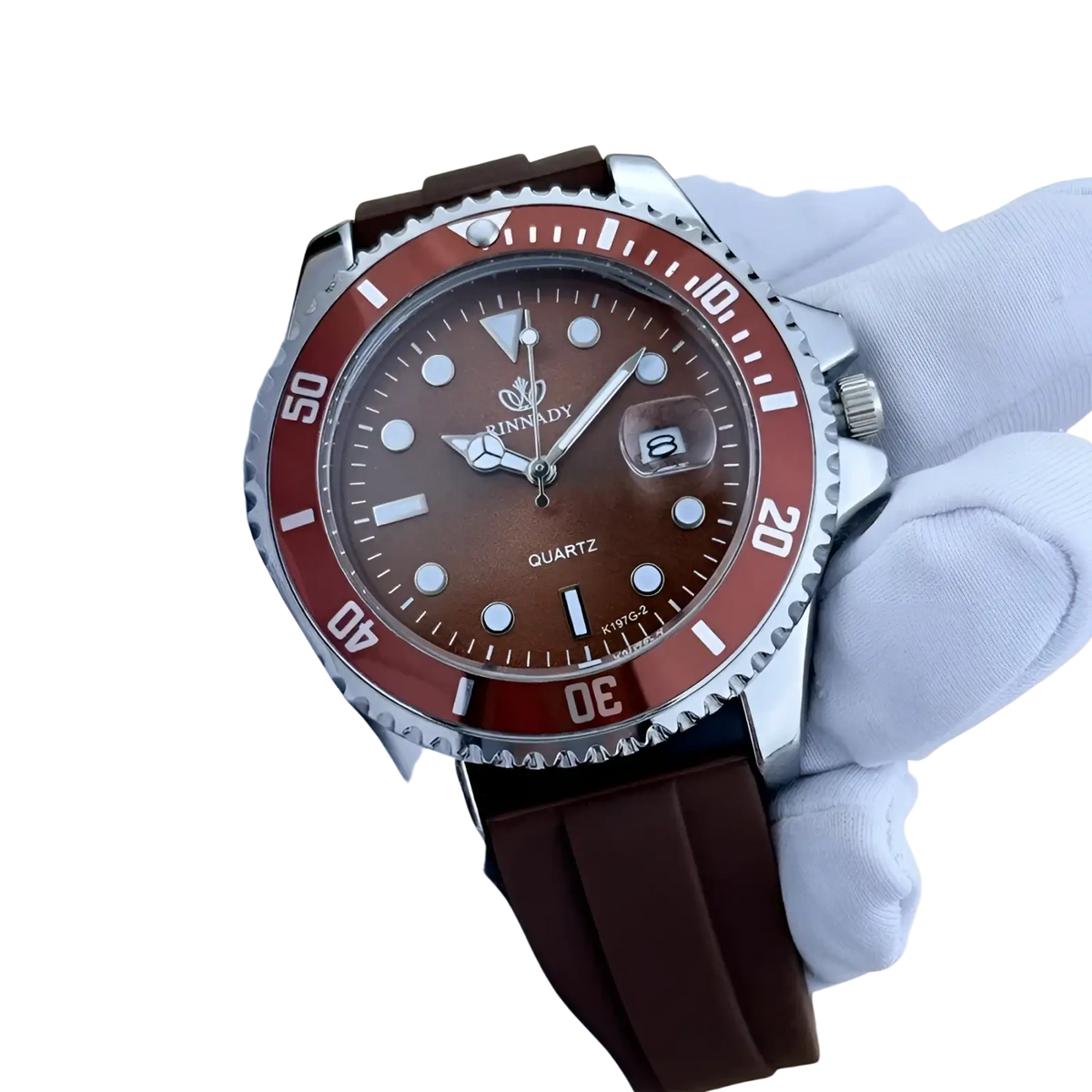 Blue sport quartz watch for men with rinnady quartz movement brown dial red bezel silver case and dark brown rubber strap