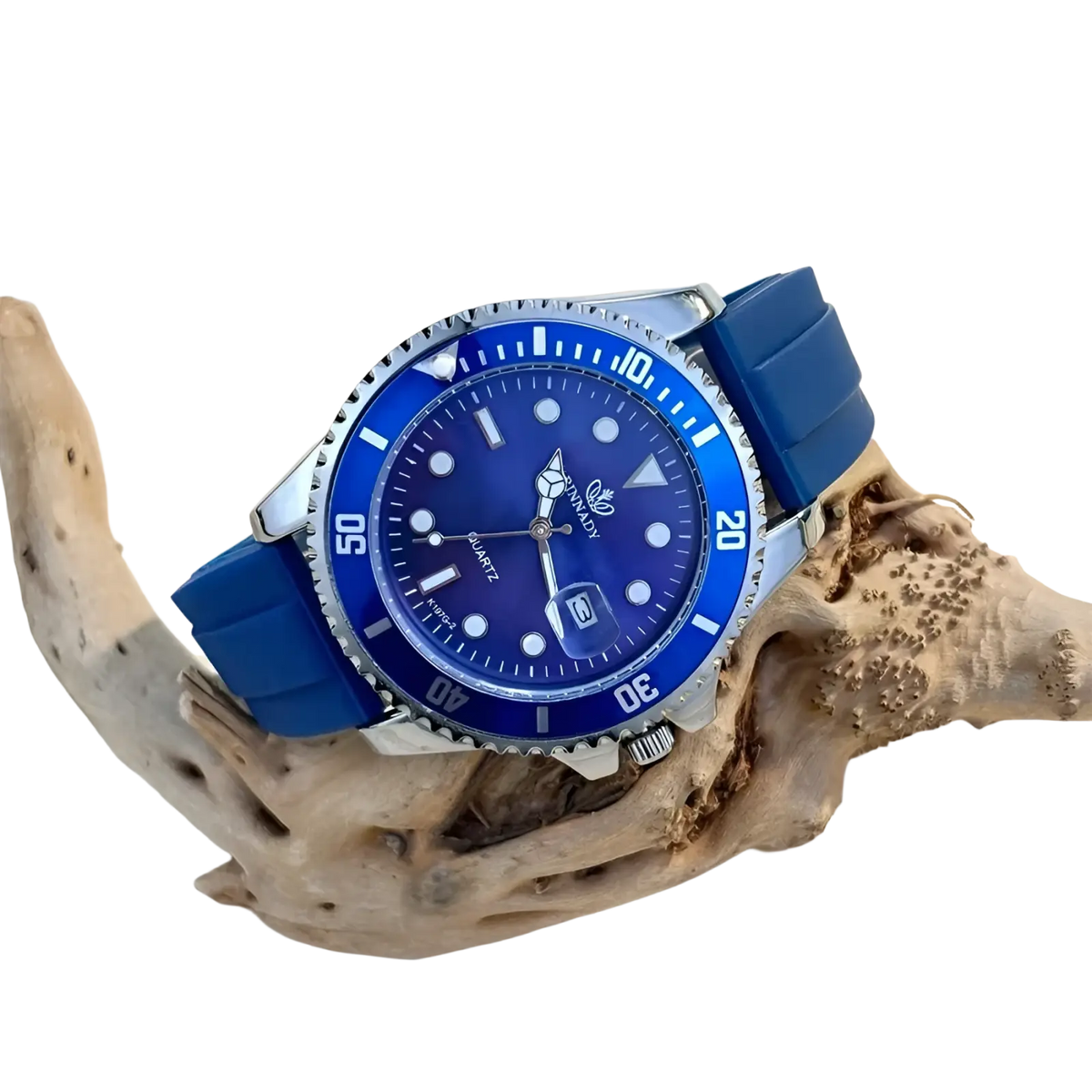 Blue sport quartz watch for men with vibrant blue dial white hour markers and matching rubber strap by innady