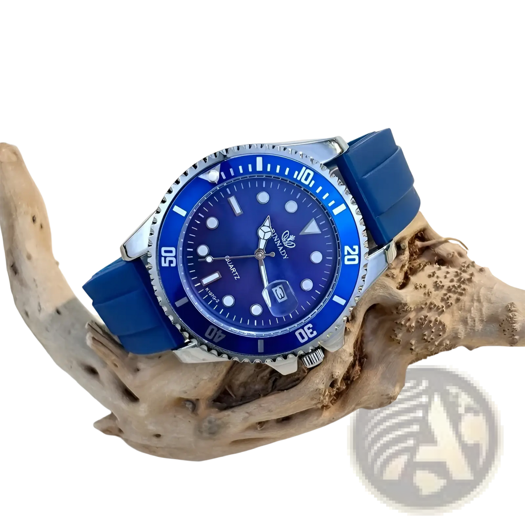 Blue sport quartz watch for men with vibrant blue dial white hour markers and matching rubber strap by innady