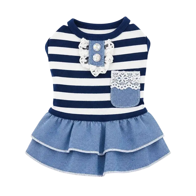 Blue striped denim dog dress with lace trim button detail and ruffled skirt in navy and white stripes