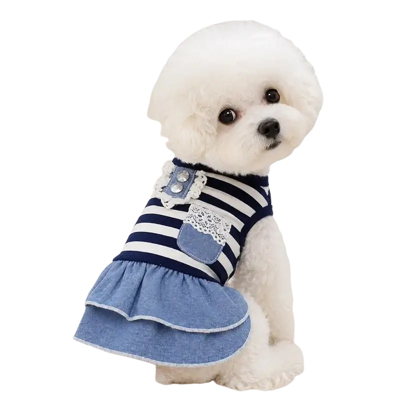 Blue striped denim dog dress with lace trim featuring navy and white stripes and a ruffled hem for dogs