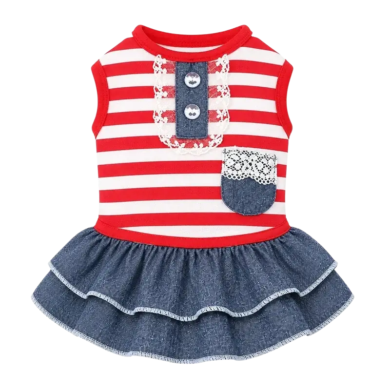Blue striped denim dog dress with lace trim featuring red and white stripes, denim accents, and a ruffled skirt
