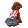 Red and white striped dog dress with denim skirt and lace details combining style and comfort for pets