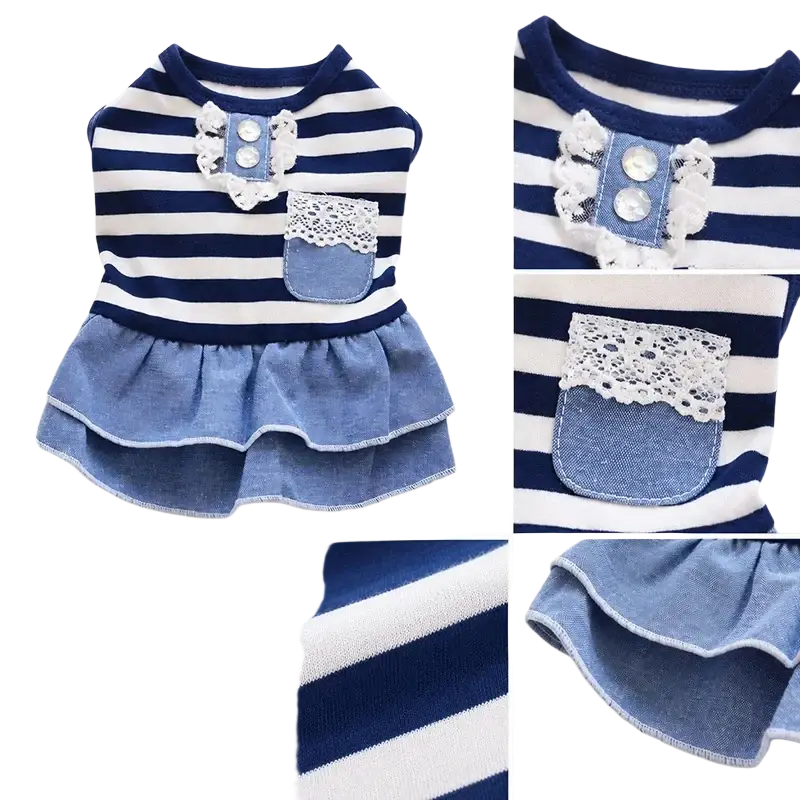 Blue and white striped denim dog dress with lace trim button detail and ruffled hem for stylish pets