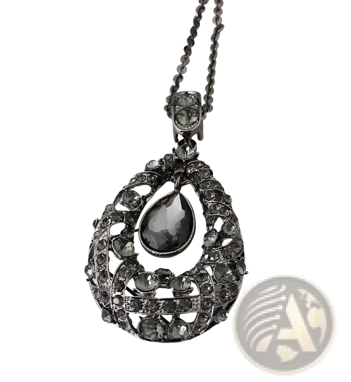 An ornate black rhinestone pendant necklace with teardrop centerpiece and intricate filigree design on sweater chain