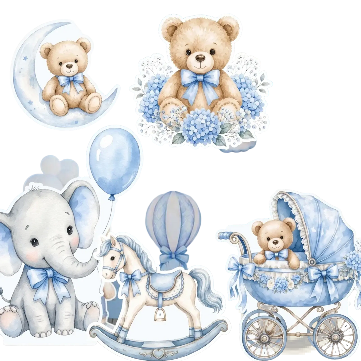Blue and beige teddy bear baby shower cutout centerpiece with blue bow tie surrounded by hydrangea flowers