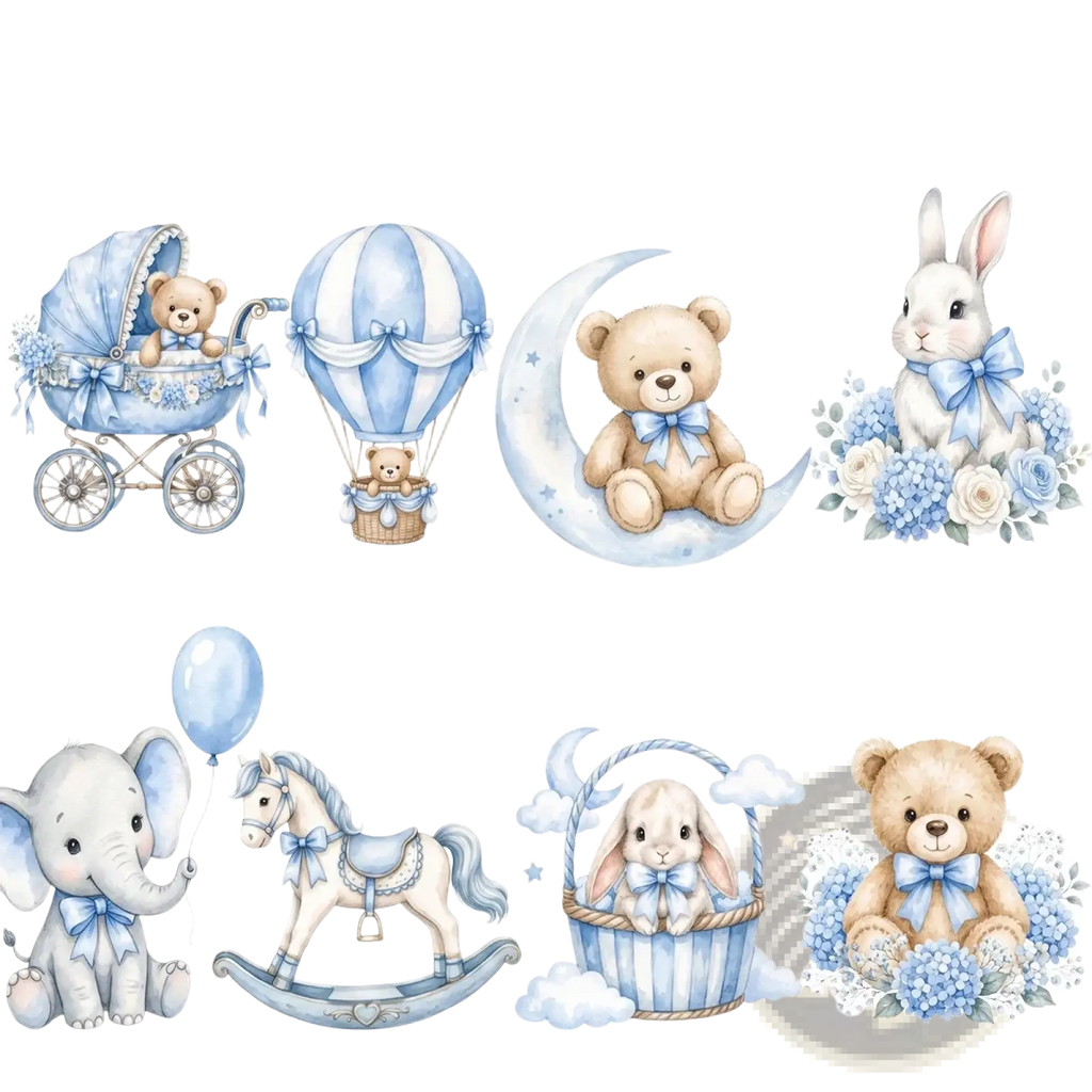 Blue and white watercolor baby boy cutouts featuring teddy bears, bunnies, and baby shower centerpiece elements
