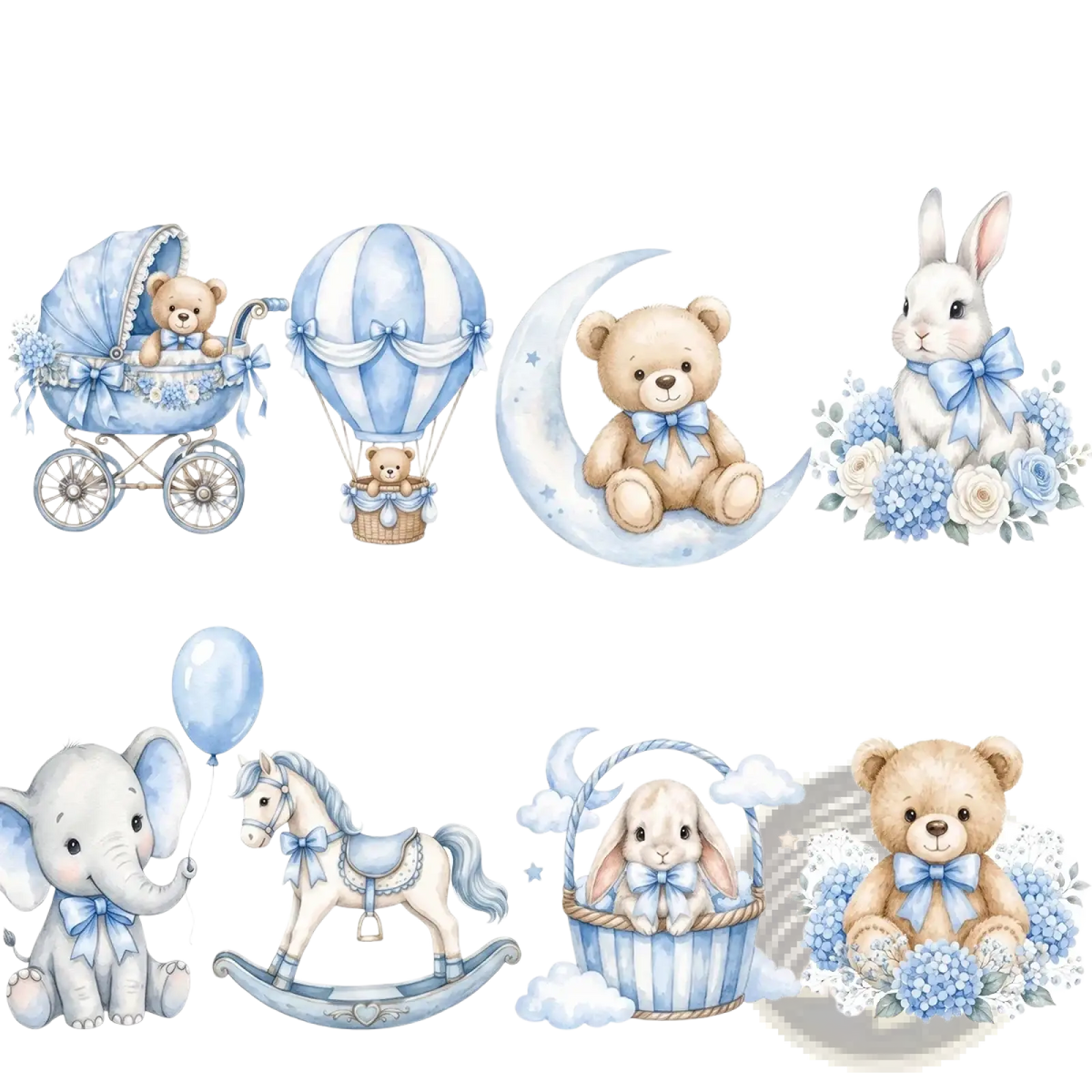 Blue and white watercolor baby boy cutouts featuring teddy bears, bunnies, and baby shower centerpiece elements