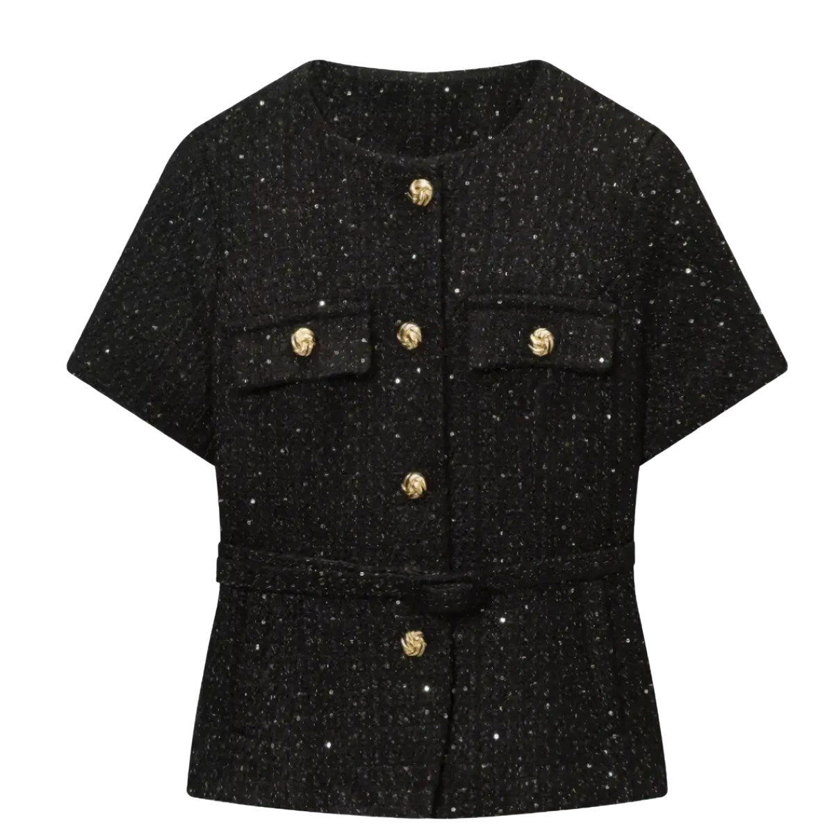 Black textured short sleeve jacket with gold tone buttons and matching belt in blue tweed short sleeve blazer style