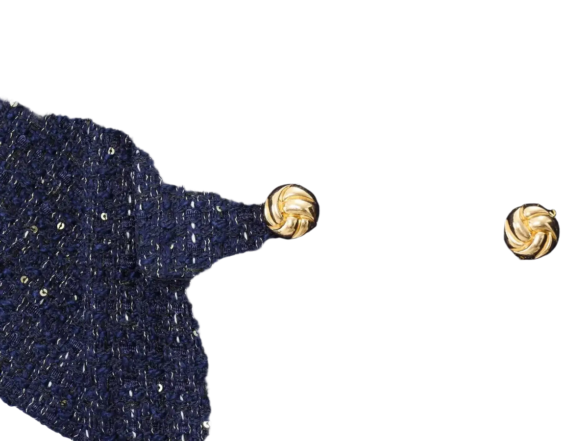 Blue tweed short sleeve blazer with belt featuring dark blue fabric and gold-toned twisted button details