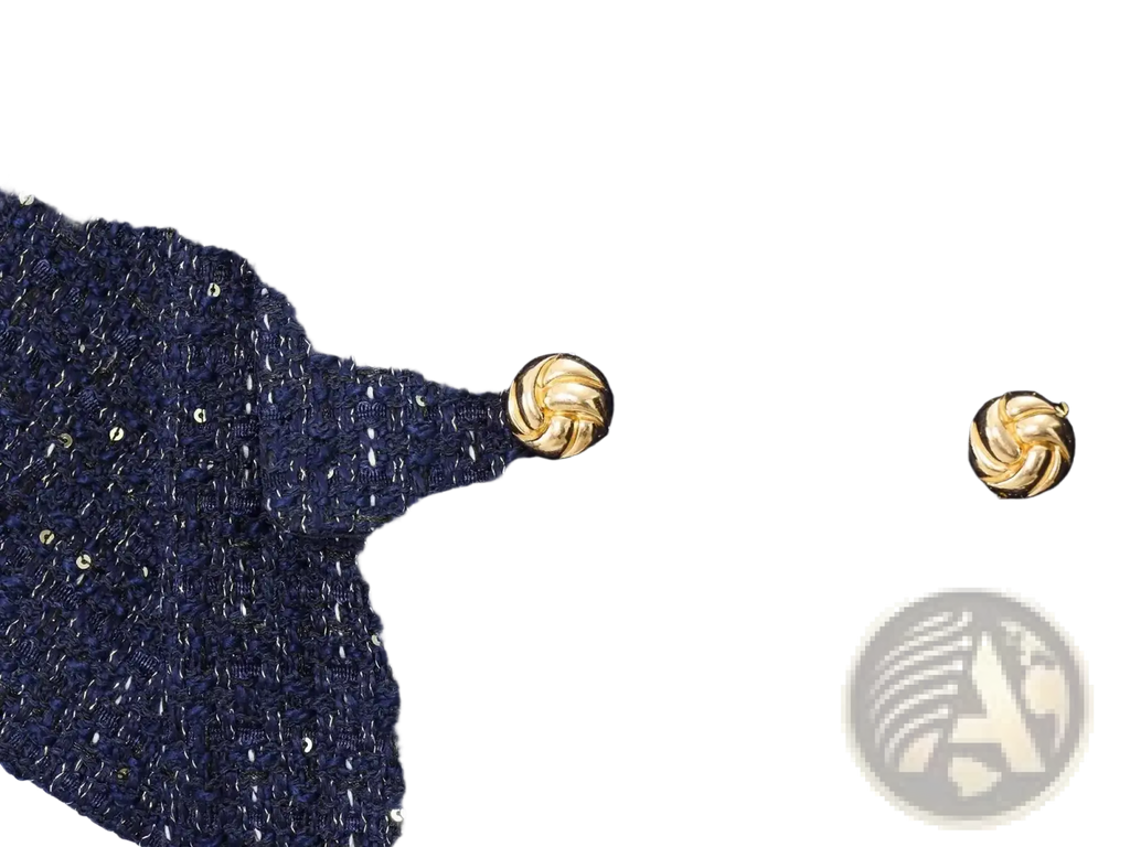 Blue tweed short sleeve blazer with belt featuring dark blue fabric and gold-toned twisted button details