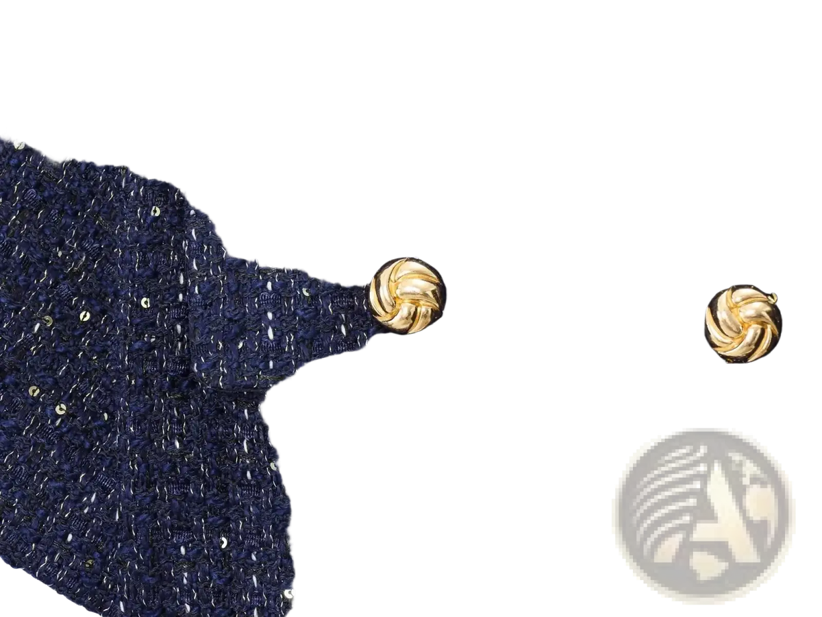 Blue tweed short sleeve blazer with belt featuring dark blue fabric and gold-toned twisted button details