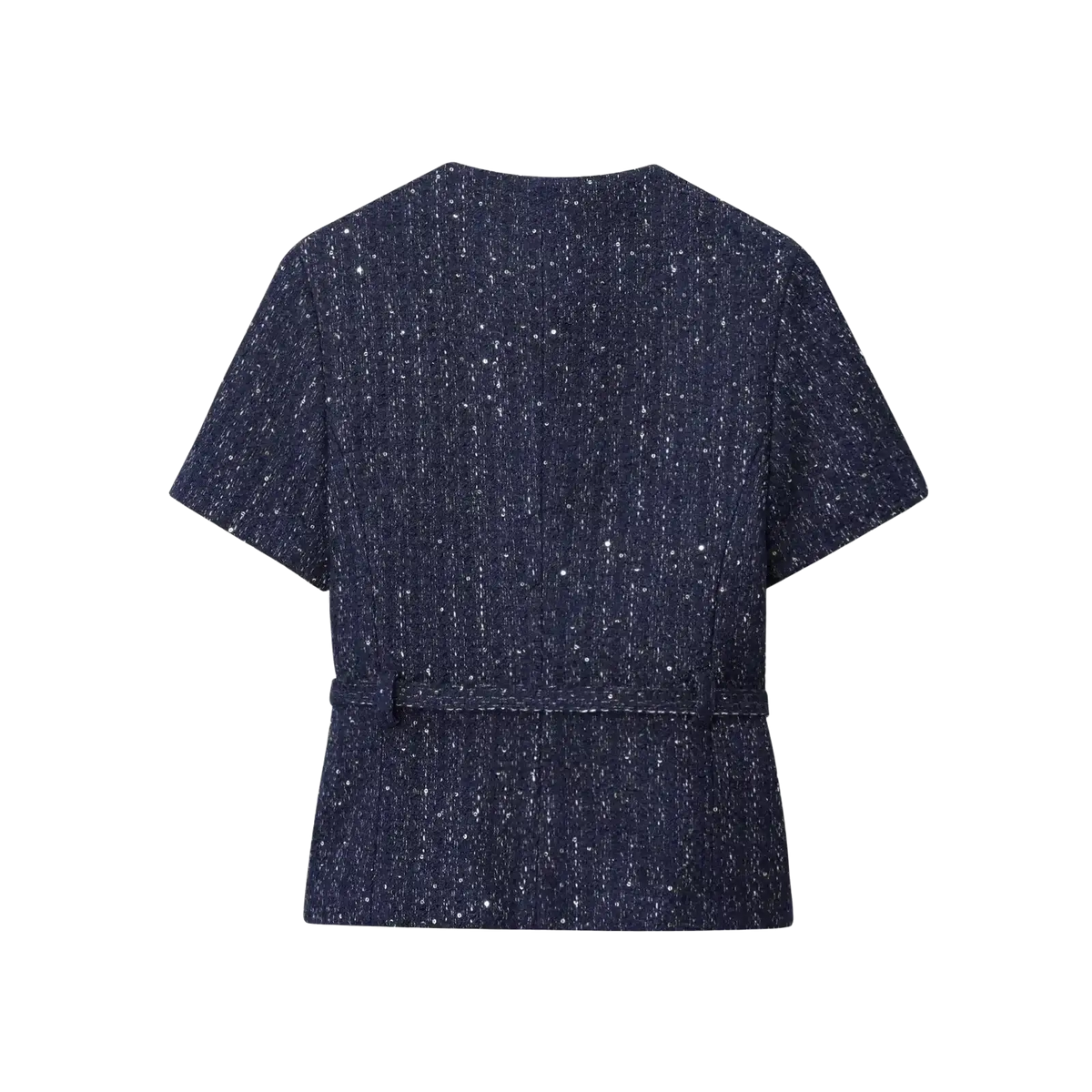 Blue tweed short sleeve blazer with belt in dark blue textured fabric for a stylish formal look
