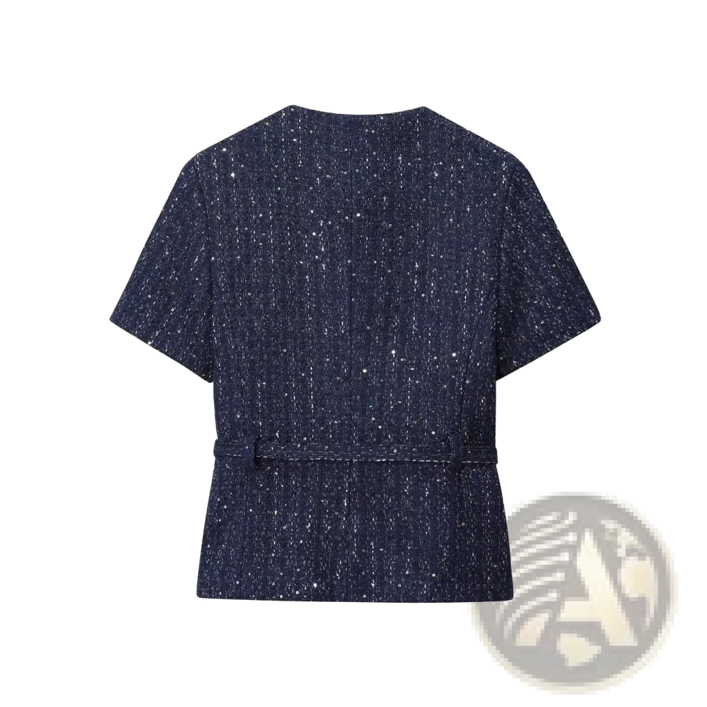 Blue tweed short sleeve blazer with belt in dark blue textured fabric for a stylish formal look