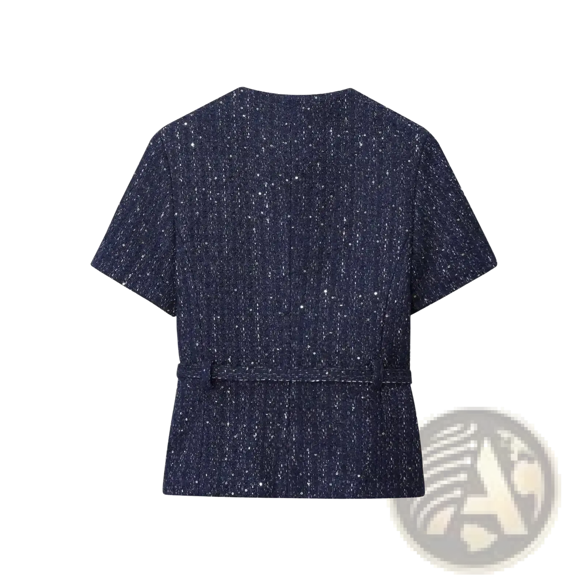 Blue tweed short sleeve blazer with belt in dark blue textured fabric for a stylish formal look