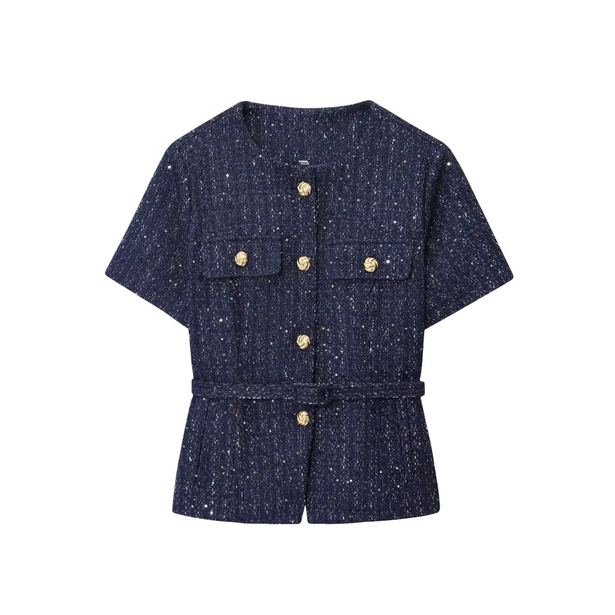 A navy blue tweed short sleeve blazer with gold-tone buttons and a matching belt for a polished look