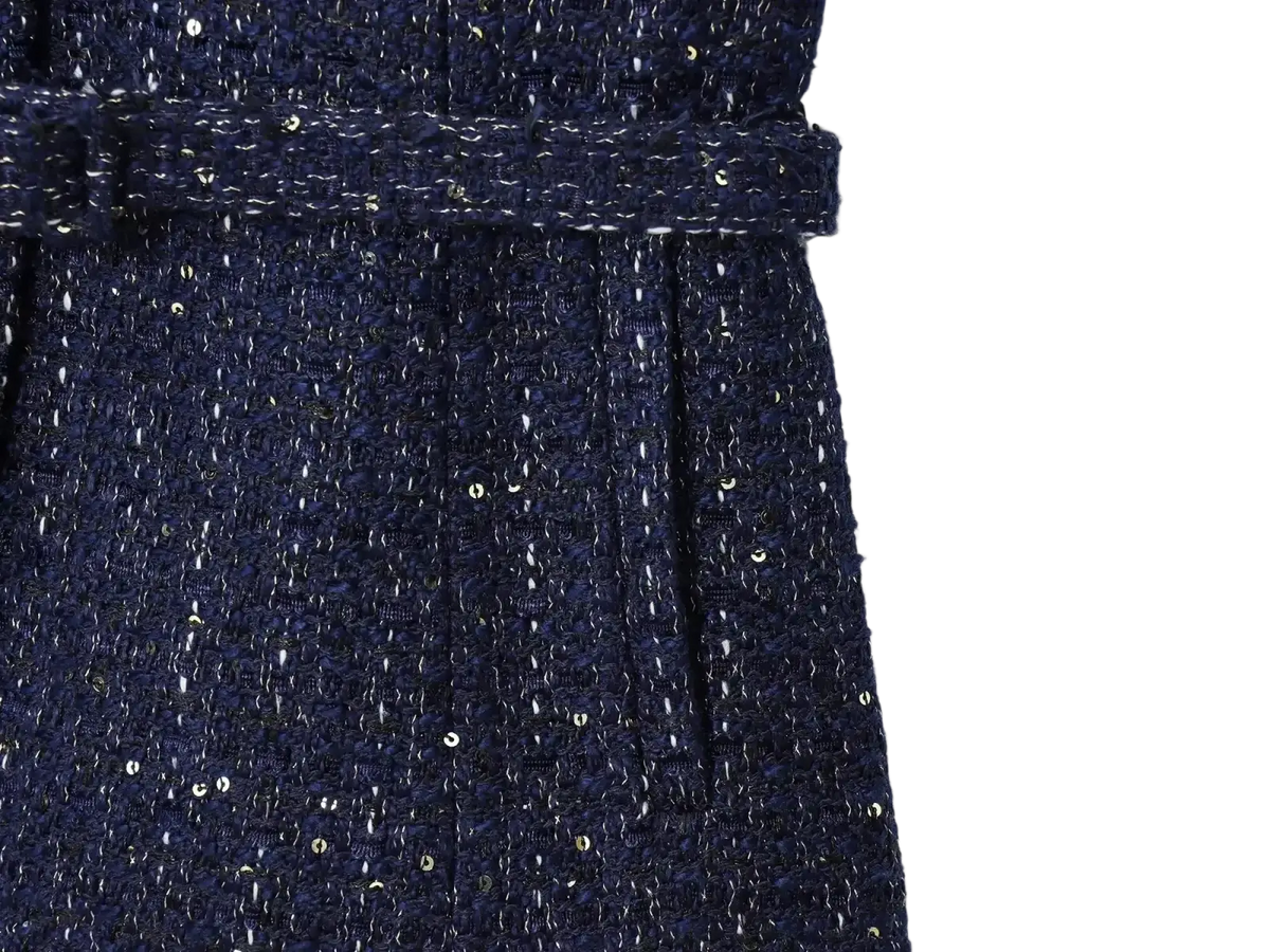 Blue tweed short sleeve blazer with belt in navy blue textured weave and scattered silver sequins detailing
