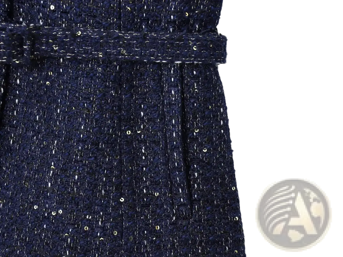 Blue tweed short sleeve blazer with belt in navy blue textured weave and scattered silver sequins detailing