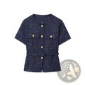 A navy blue tweed short sleeve blazer with gold-tone buttons and a matching belt for a polished look