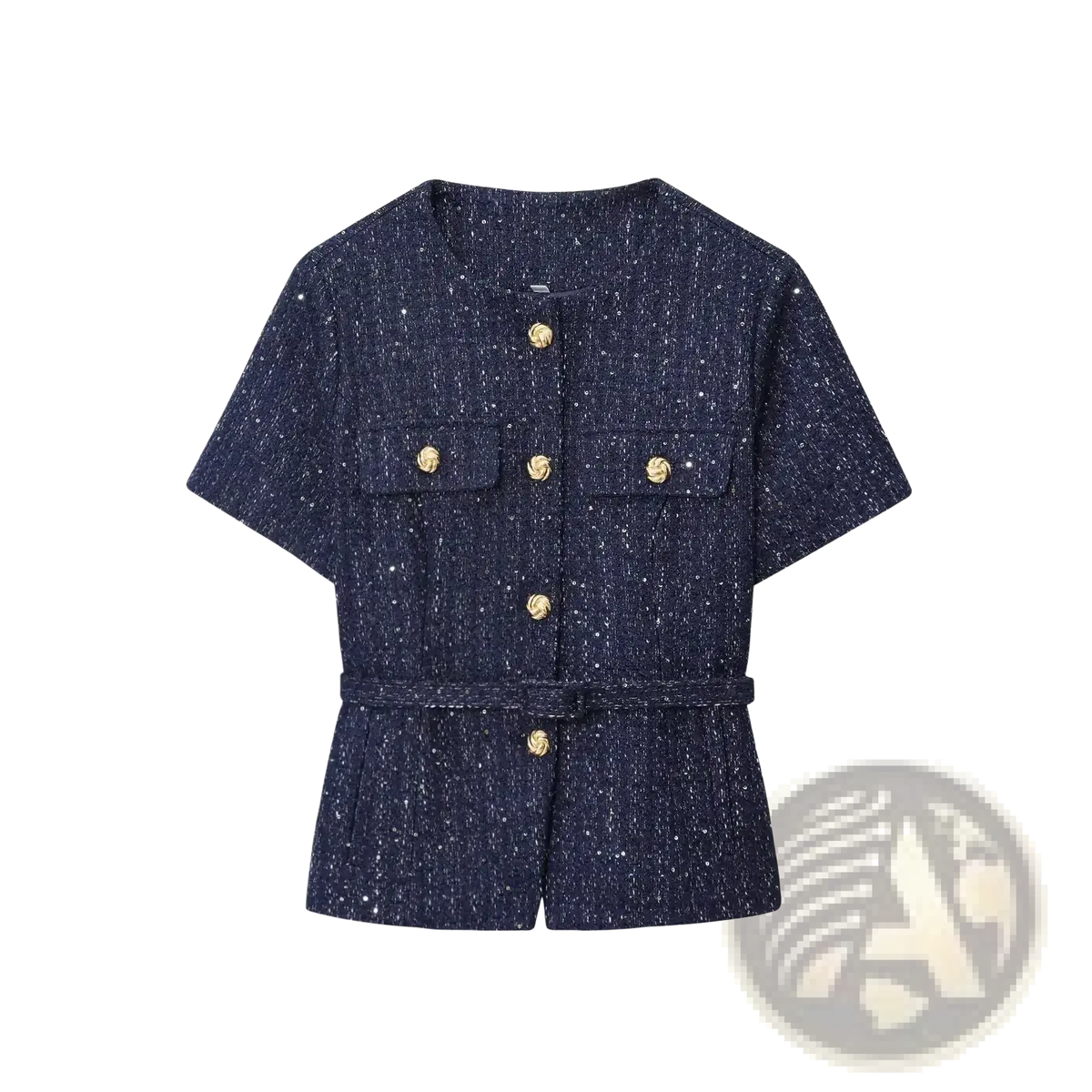 A navy blue tweed short sleeve blazer with gold-tone buttons and a matching belt for a polished look