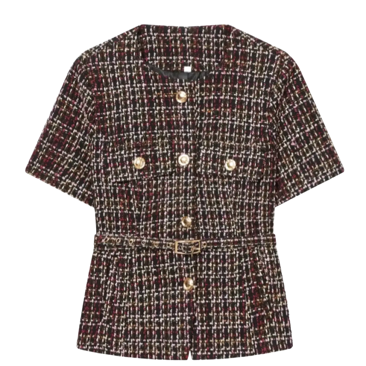 Blue tweed short sleeve blazer with belt featuring dark brown and white tweed herringbone pattern and gold-tone buttons
