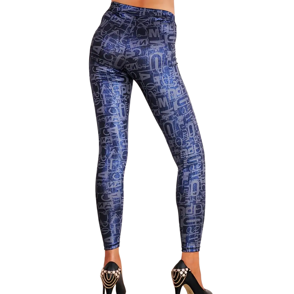 Blue typographic print mid waisted leggings featuring a bold repeating pattern in lighter shades of blue