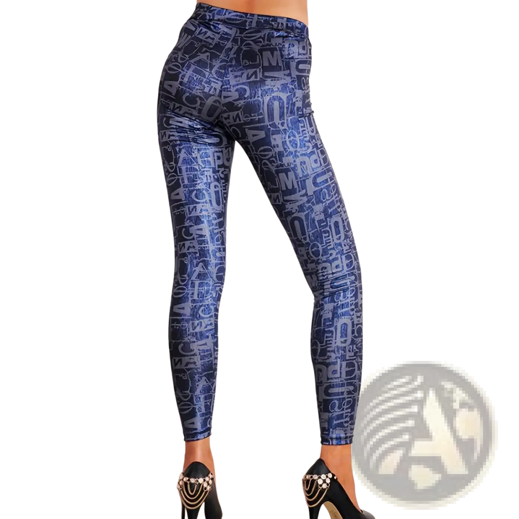 Blue typographic print mid waisted leggings featuring a bold repeating pattern in lighter shades of blue