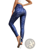 Blue mid waisted leggings with a bold repeating lighter blue typographic print on stretch fabric for activewear