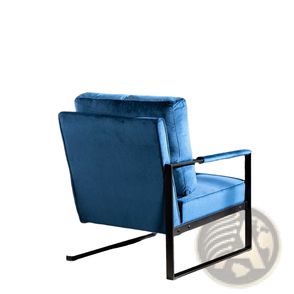 Blue velvet accent chair with a black metal frame featuring a plush upholstered seat and backrest