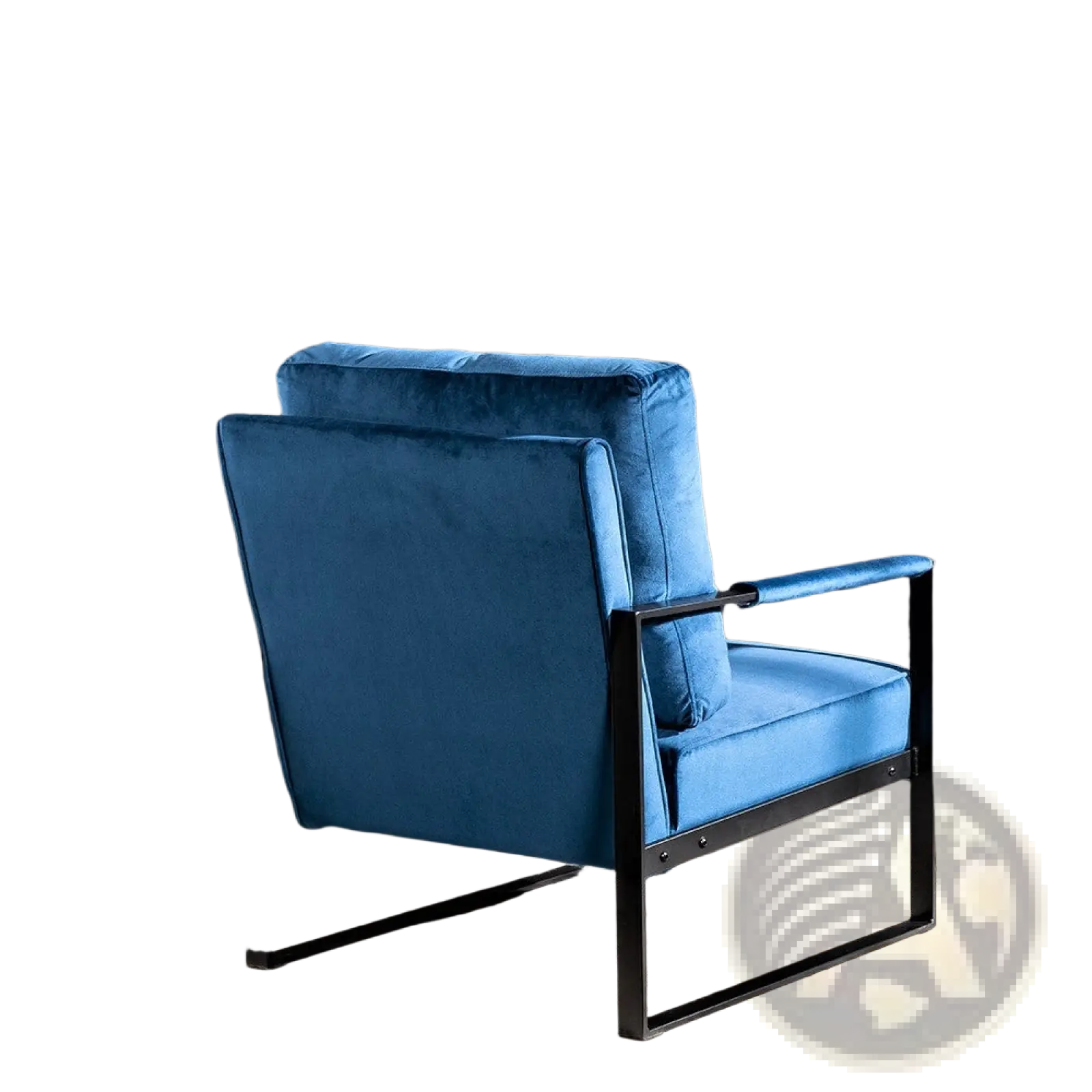 Blue velvet accent chair with a black metal frame featuring a plush upholstered seat and backrest