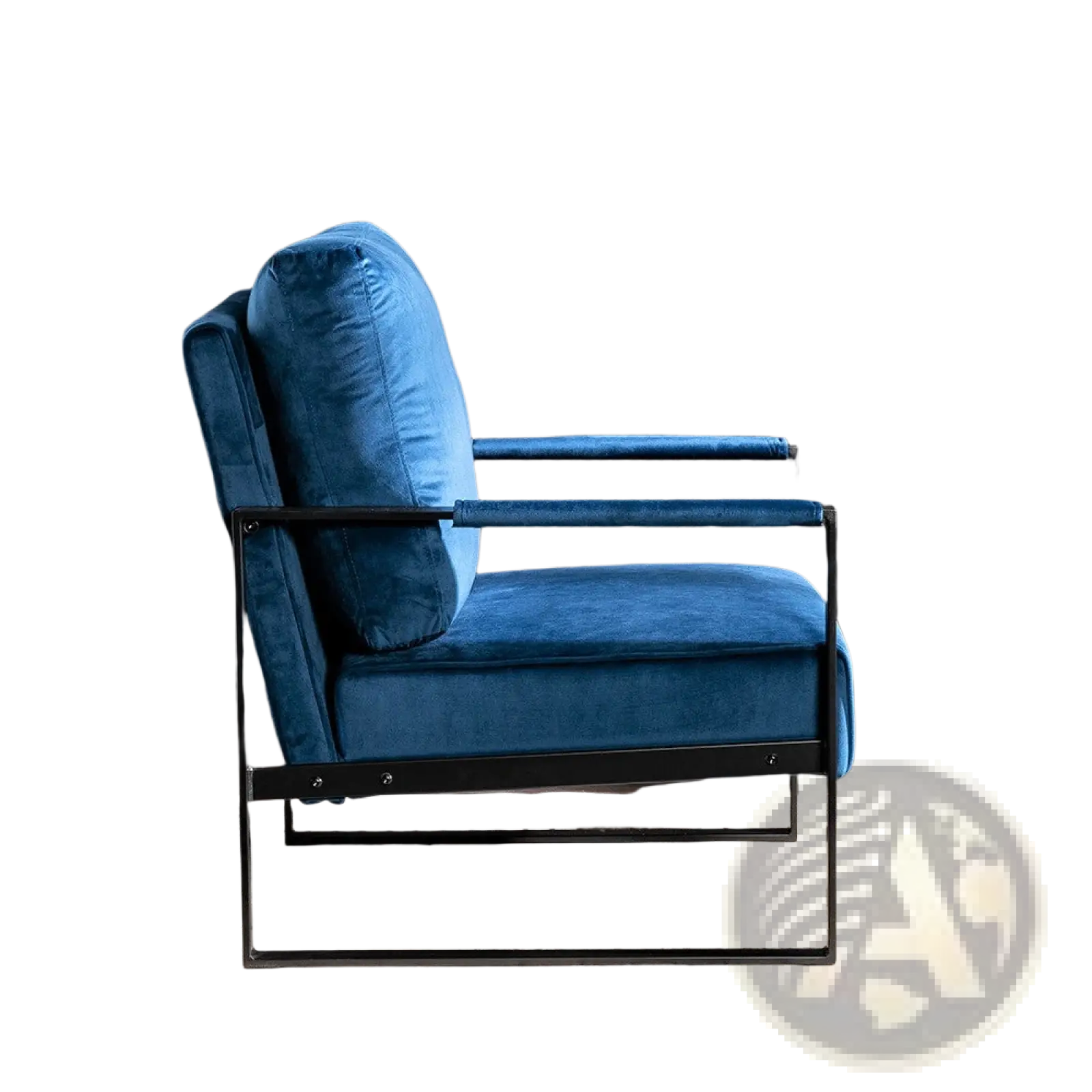 Blue velvet accent chair with a black metal frame featuring a soft fabric seat and modern design