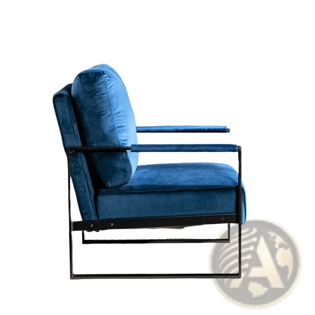 Blue velvet accent chair with a black metal frame featuring a soft fabric seat and modern design