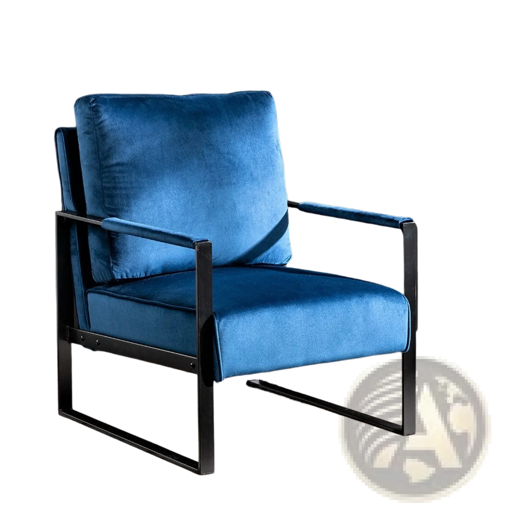 Blue velvet accent chair with sleek black metal frame featuring plush upholstery and modern design