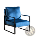 Blue velvet accent chair with sleek black metal frame featuring plush upholstery and modern design