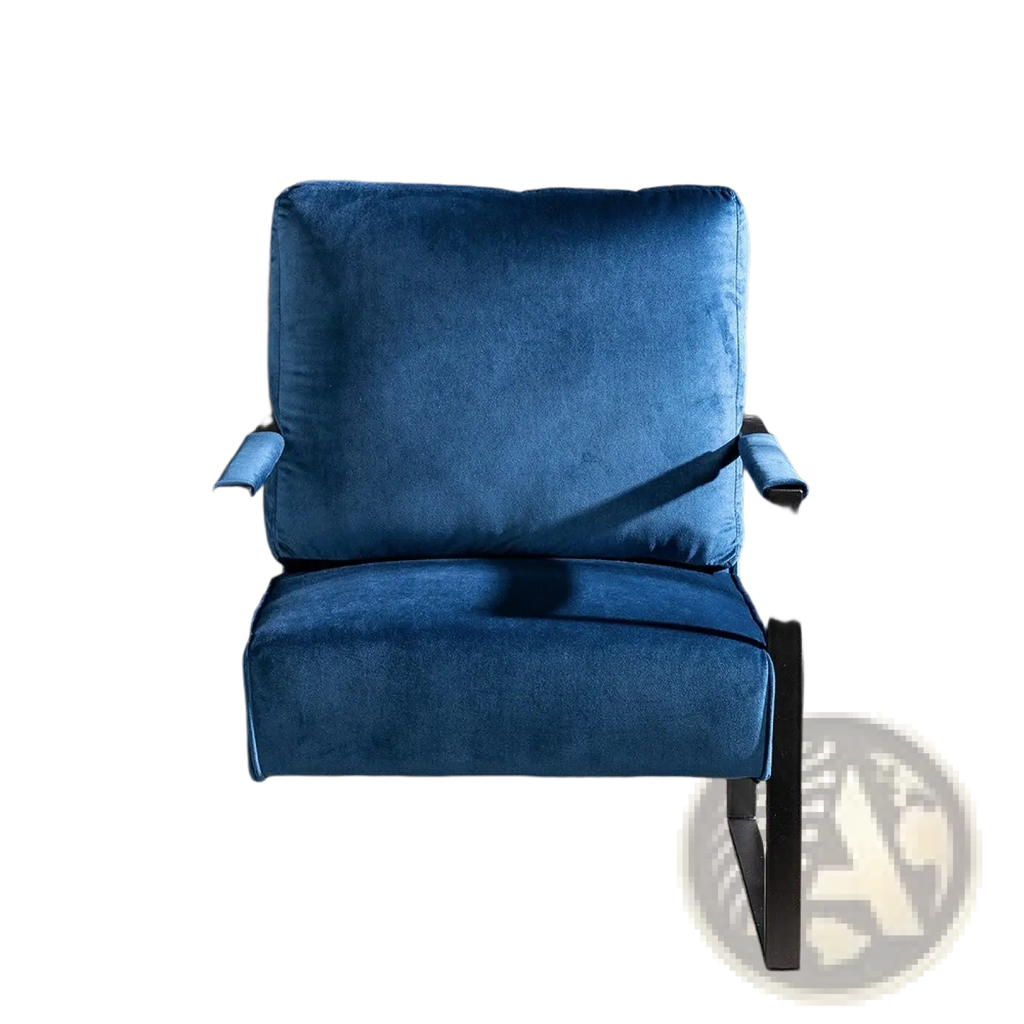 Deep blue velvet accent chair with sleek black metal frame showcasing modern design and elegant comfort