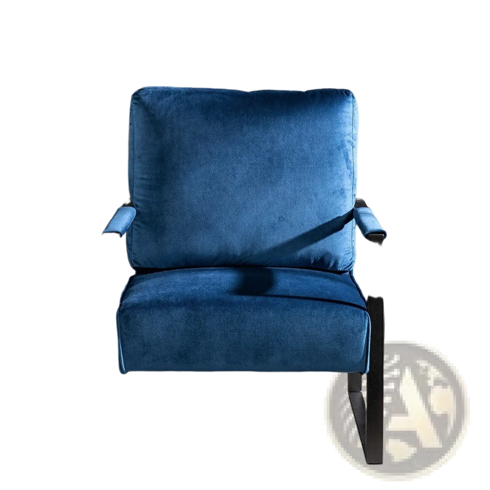 Deep blue velvet accent chair with sleek black metal frame showcasing modern design and elegant comfort