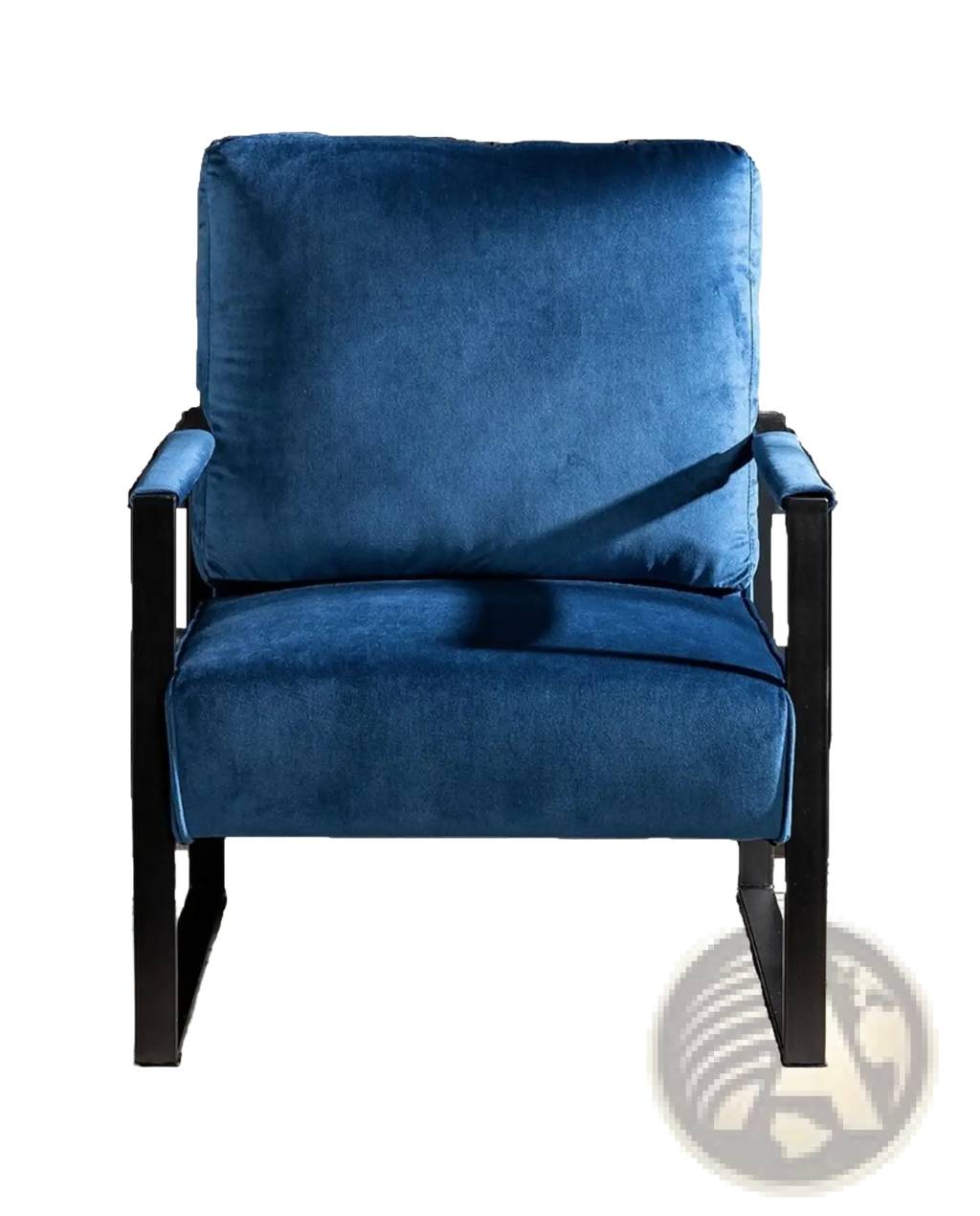 Deep blue velvet accent chair with sleek black metal frame for modern living spaces and office interiors