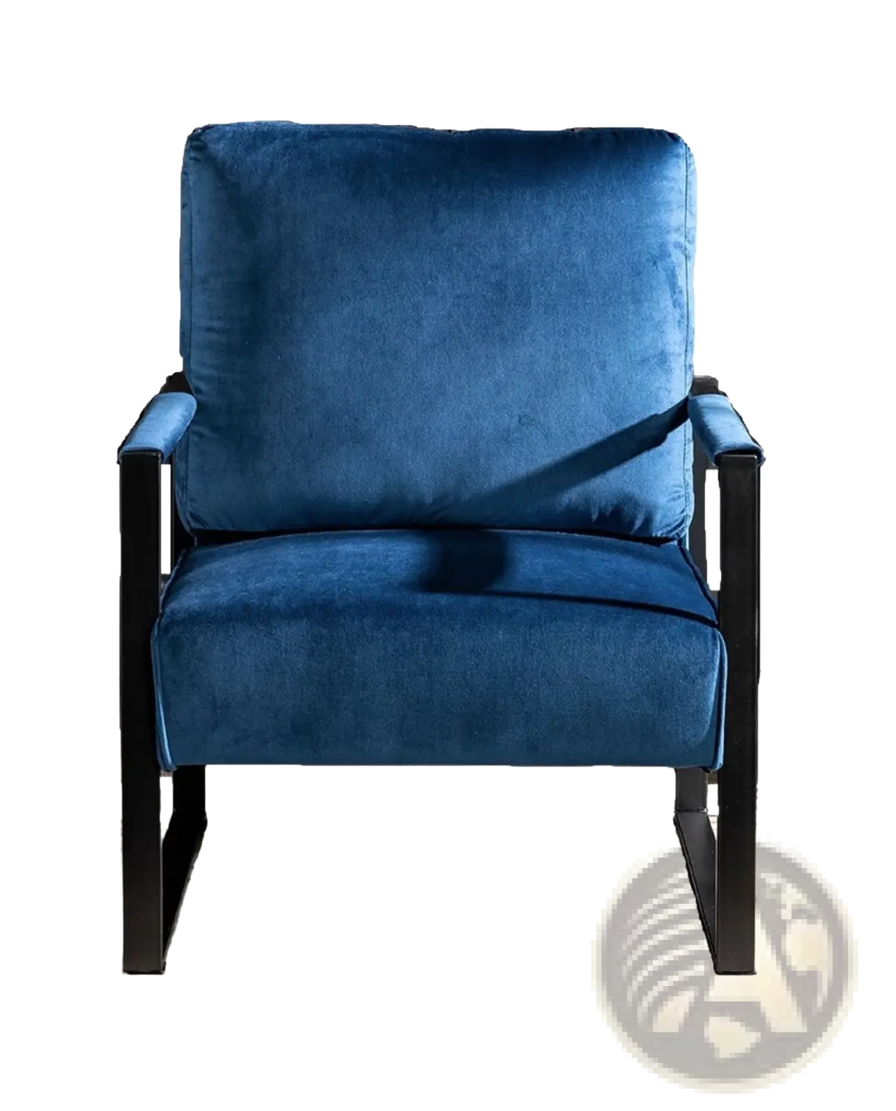 Deep blue velvet accent chair with sleek black metal frame for modern living spaces and office interiors