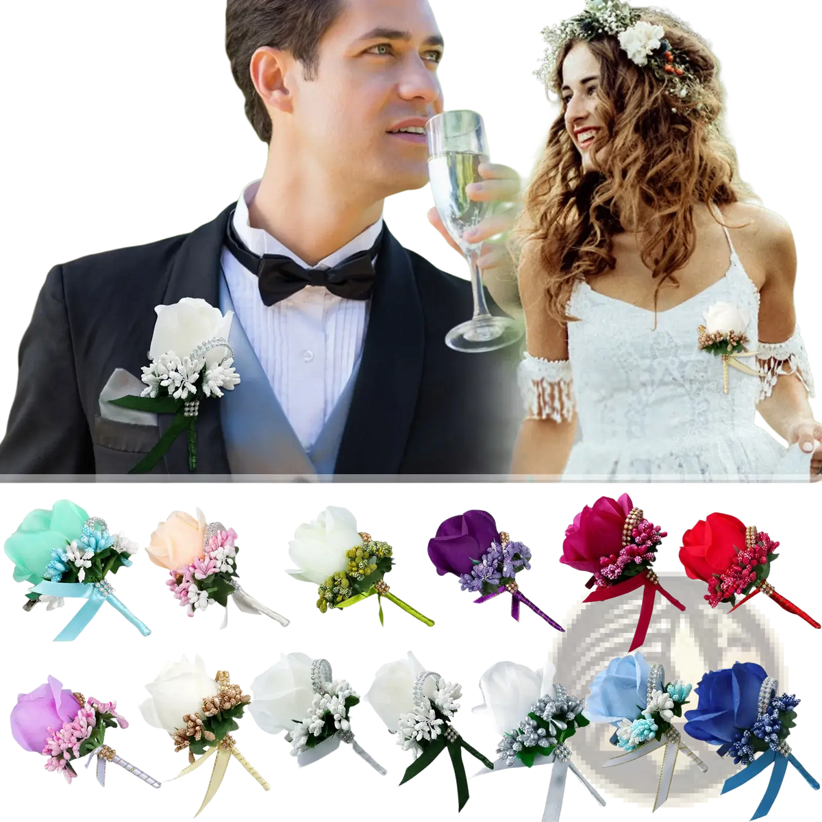 A collection of artificial silk rose boutonnieres in assorted colors with satin ribbons and decorative beads for weddings