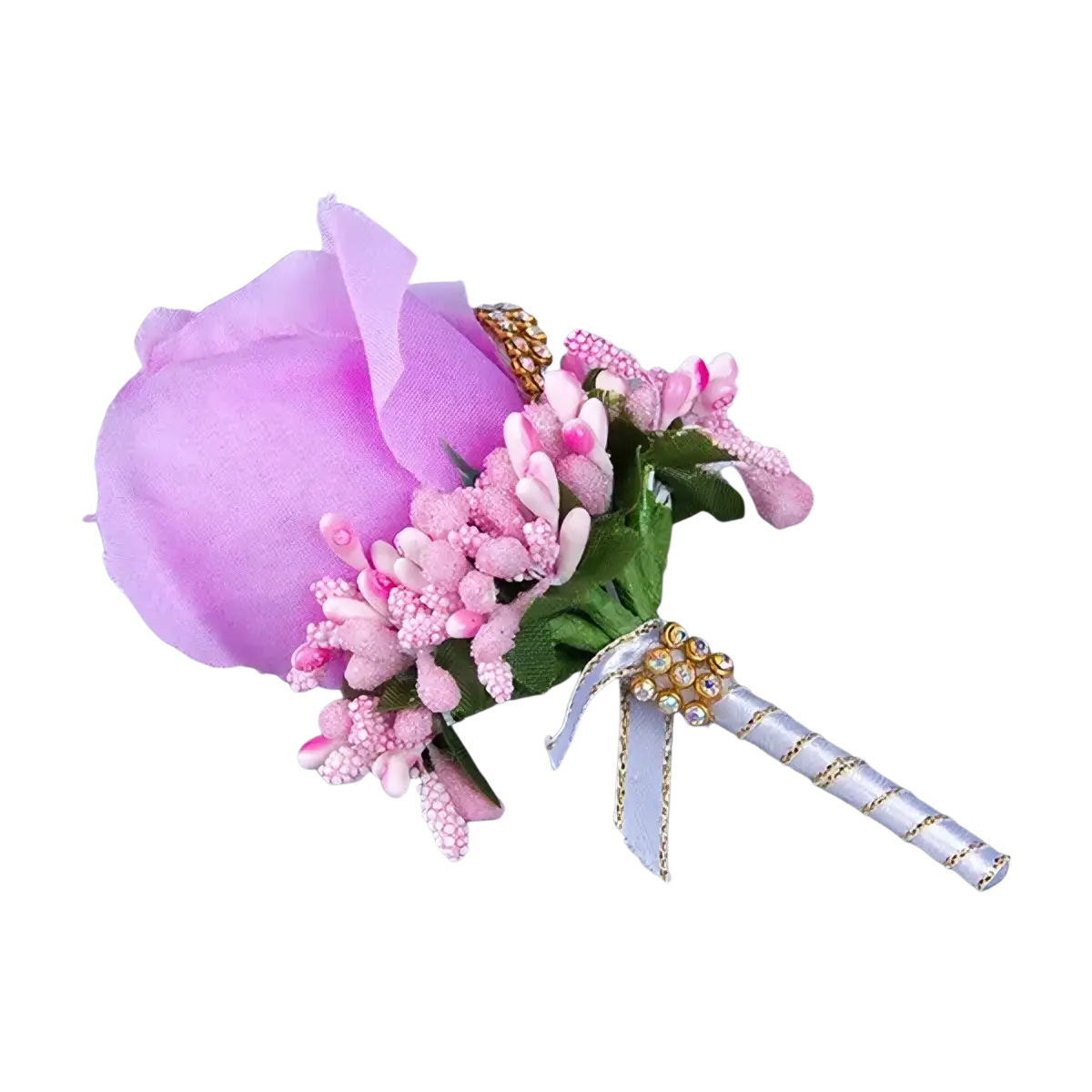 Blue wedding boutonniere featuring a delicate lavender silk rose with pink white flowers green leaves and silver ribbon tie