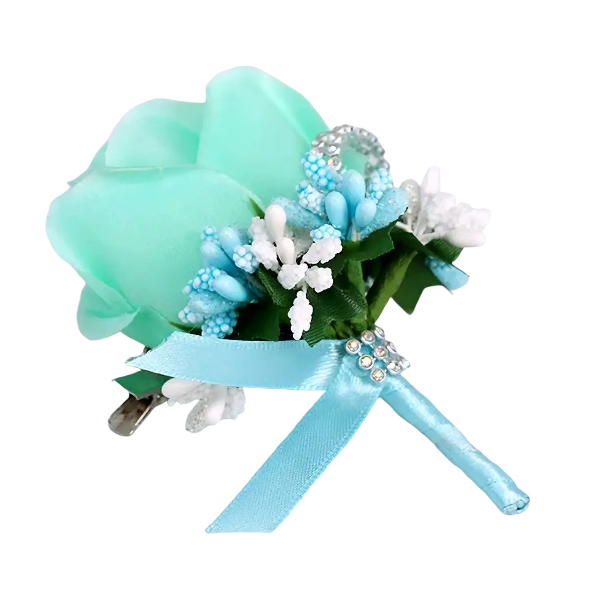 Blue wedding boutonniere featuring a delicate turquoise artificial silk floral corsage with rhinestone accents and satin bow