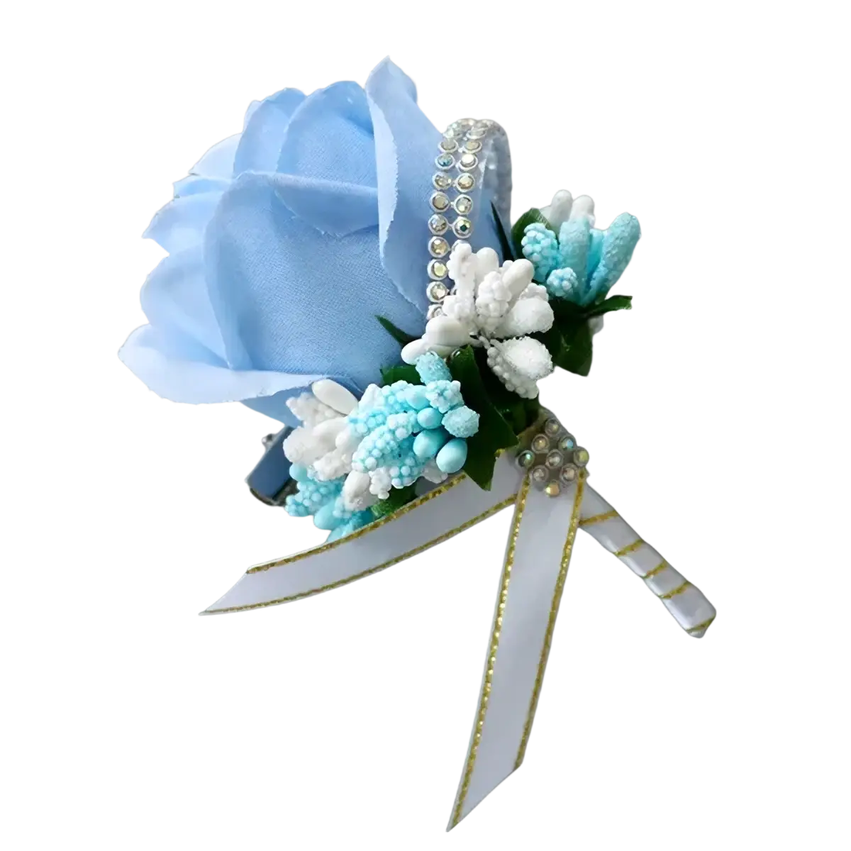 Blue wedding boutonniere featuring delicate light blue and white artificial silk rose petals with rhinestones and gold ribbon ties