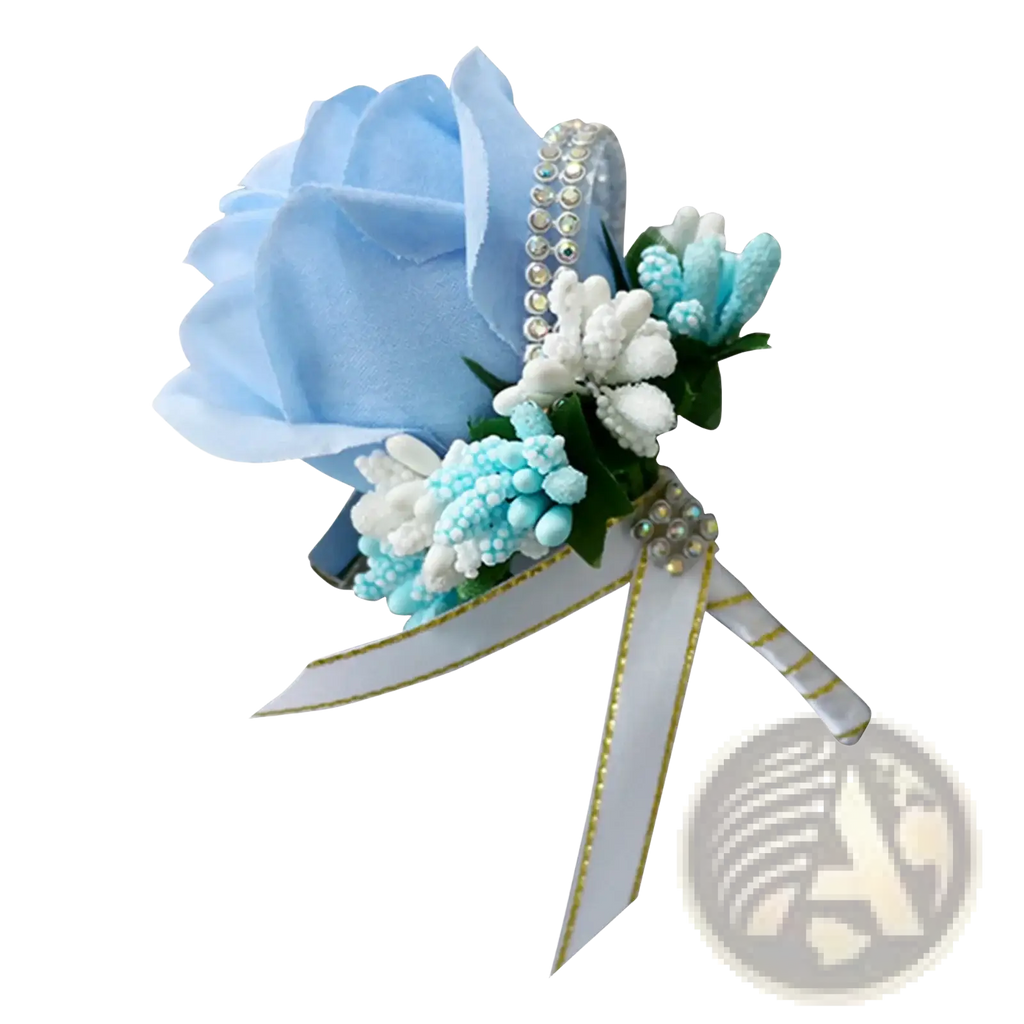 Blue wedding boutonniere artificial silk rose with light blue flowers white turquoise accents green leaves and gold ribbon ties