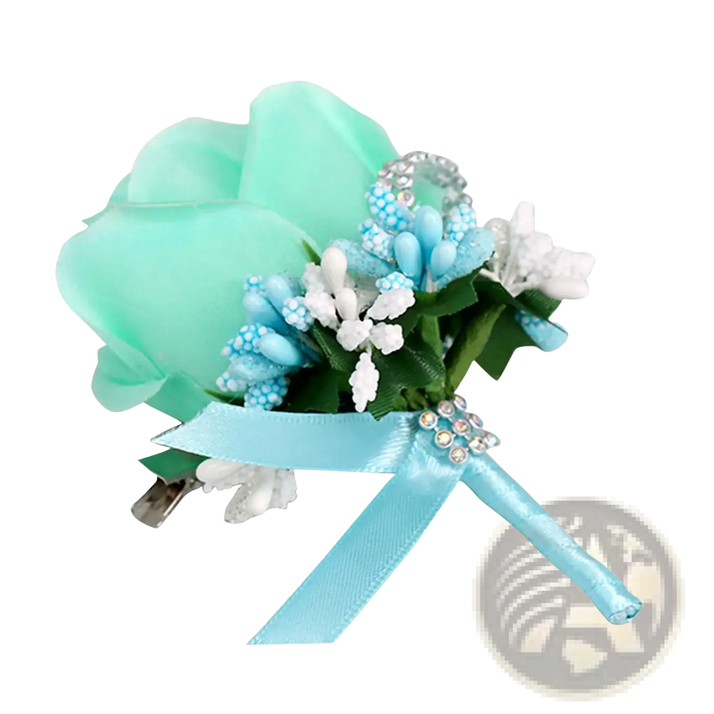 Blue wedding boutonniere artificial silk rose corsage in mint green with light blue white blossoms rhinestones and satin bow