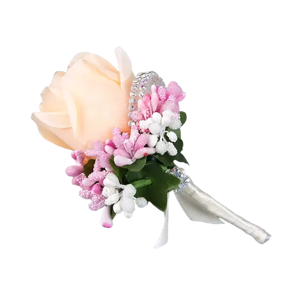 Blue wedding boutonniere artificial silk rose corsage with peach-colored rose green leaves silver bead and satin ribbon tie