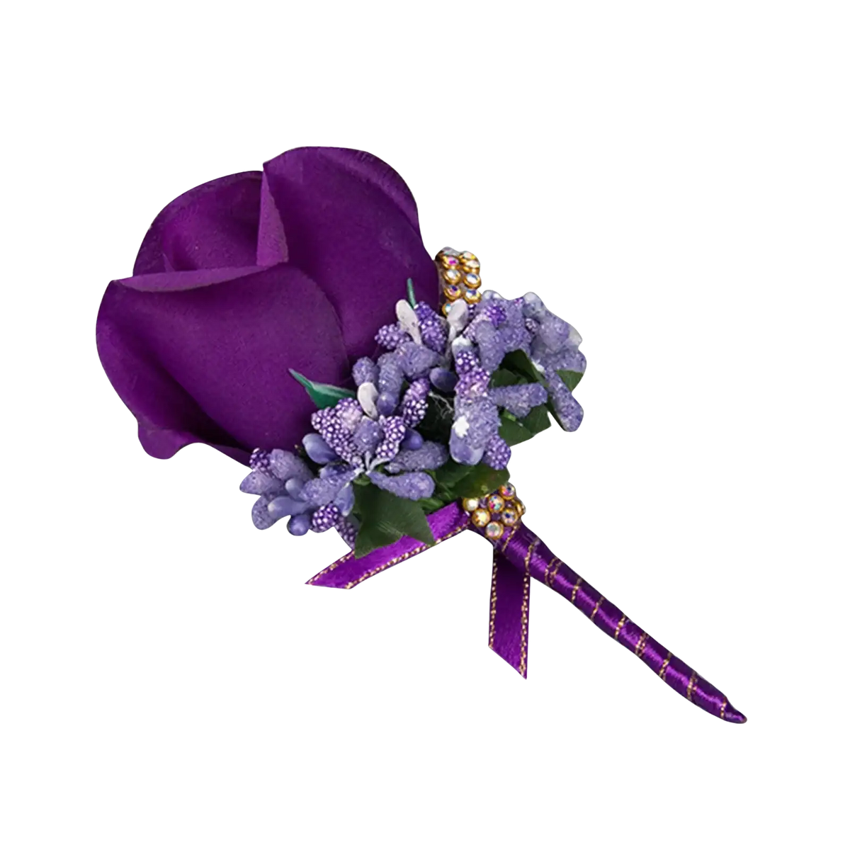 Blue wedding boutonniere featuring a purple artificial silk rose with lavender accents and gold bead embellishments