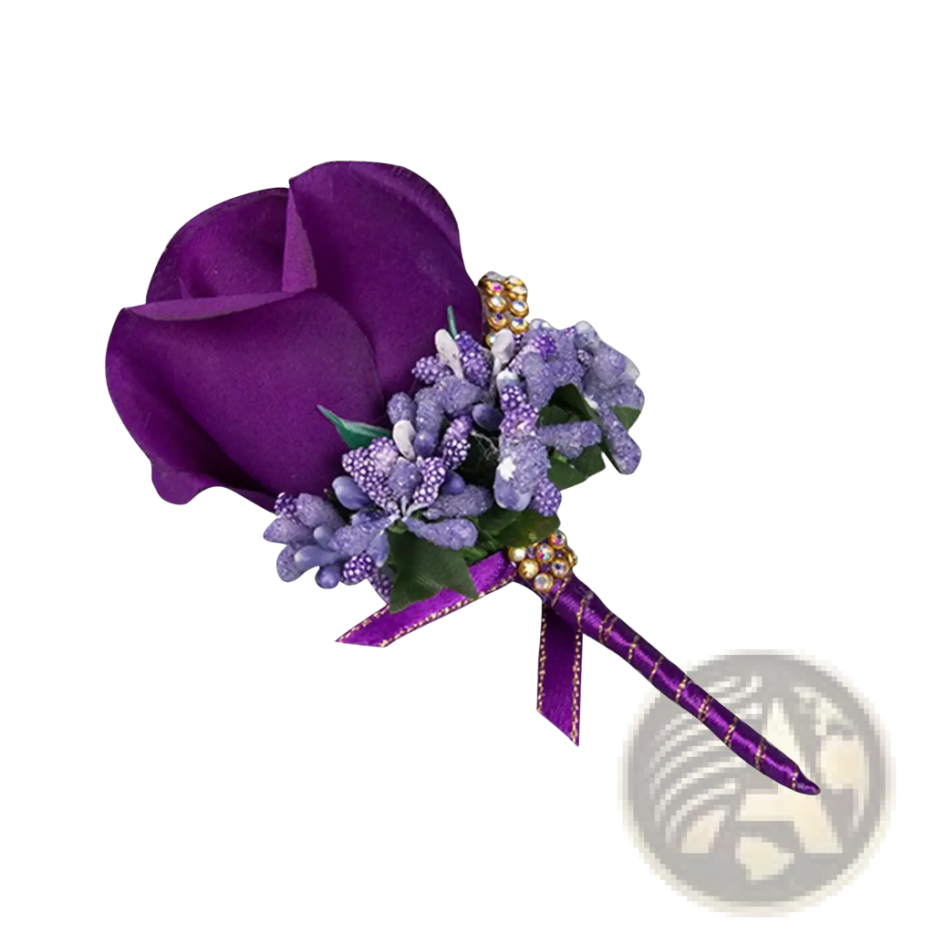 Blue wedding boutonniere featuring a purple artificial silk rose with lavender accents and gold bead embellishments