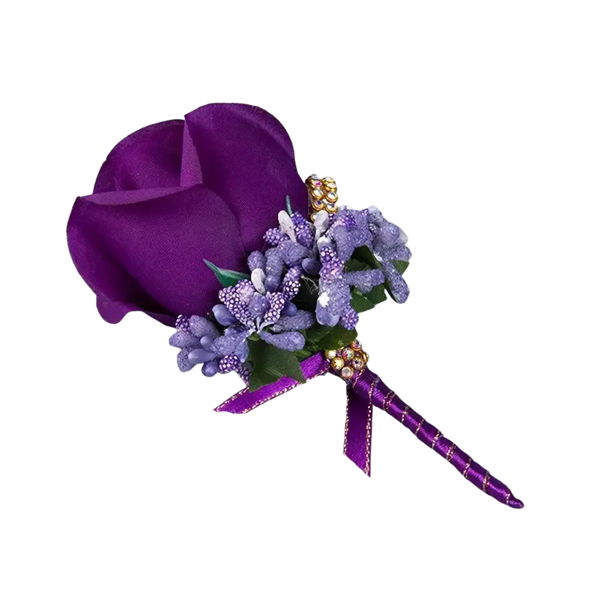 Purple satin rose boutonniere with lavender accents and gold bead details for blue wedding artificial silk corsage