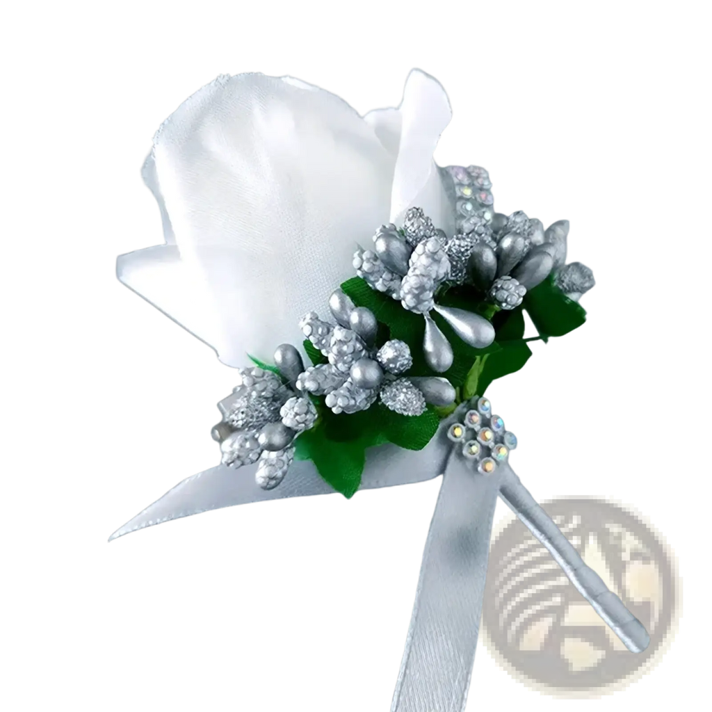 Blue wedding boutonniere artificial silk rose with silver and white floral accents and satin ribbon tie