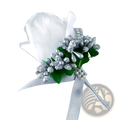 Blue wedding boutonniere artificial silk rose with silver and white floral accents and satin ribbon tie